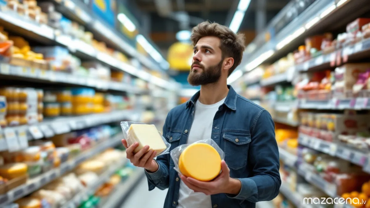 Pircējs salīdzina divus siera iepakojumus, rēķinot cenu par kilogramu