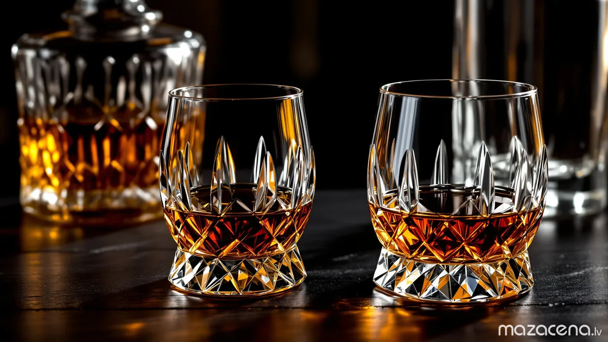 Divas kristāla glāzes ar gandrīz vienādu brūnganu alkoholu blakus karafei – dārgu dzērienu mēdz aizstāt ar lētāku