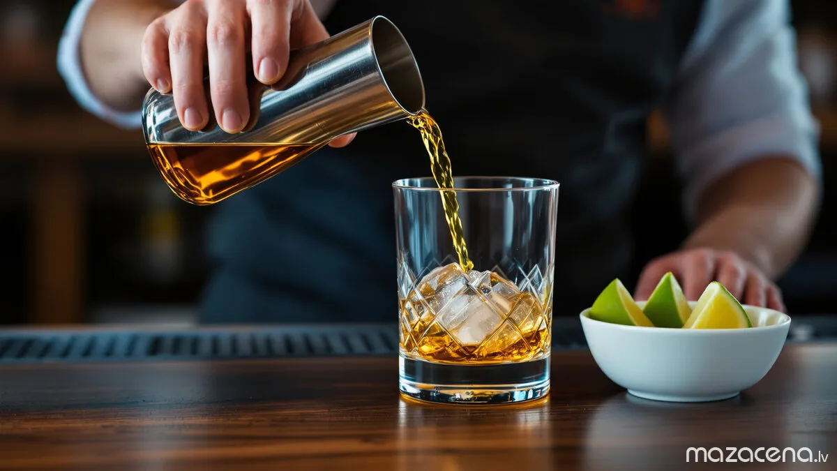 Bārmenis ar mērglāzi precīzi nomēra alkoholu glāzē, laima daiviņas pasniegtas atsevišķā traukā
